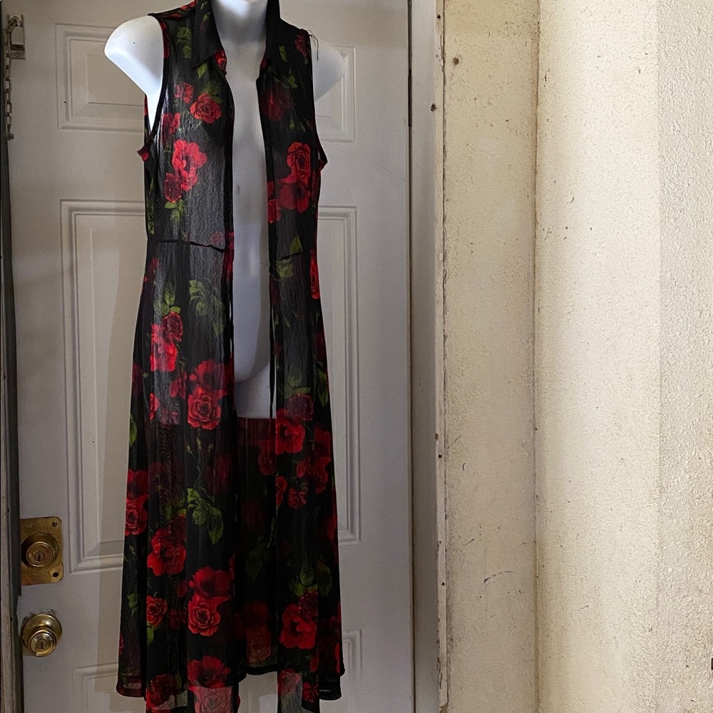 Sleeveless Black Sheer Dress with Red Floral Print